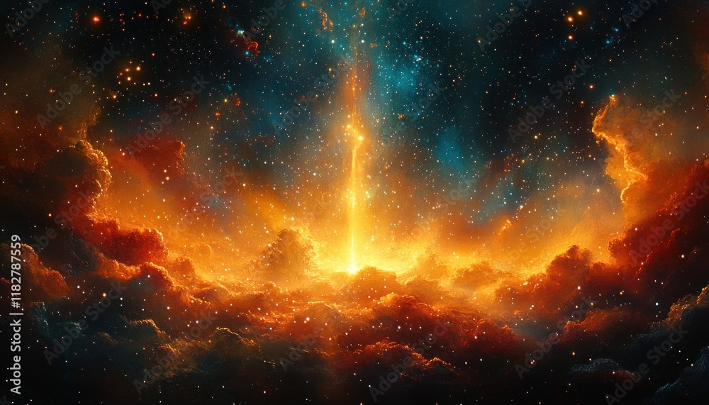 Obraz premium Sun Rays Light Overlay in Cosmic Scene with Ethereal Effect and Vibrant Colors on Black Background