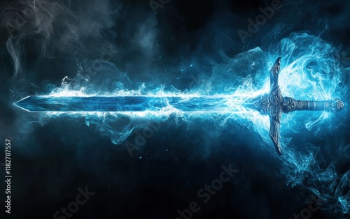 A powerful blue magic weapon sword with energy pulsating along the blade, ready for battle. photo