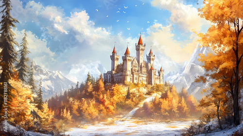 Majestic castle on hill in autumn - nature landscape. Frostglint. Illustration photo