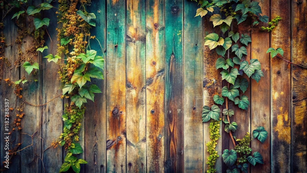 Double Exposure: Weathered Wooden Wall & Abstract Nature - Stock Photo Double Exposure: Weathered Wooden Wall & Abstract Nature - Stock Photo