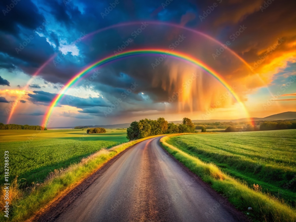 Obraz premium Double Rainbow Arcing Over Scenic Country Road at Sunset - Stunning Nature Photography