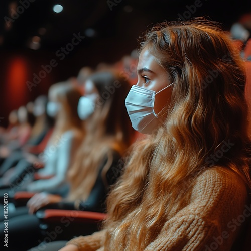 Masked Woman in a Cinema: A Serene Cinematic Moment photo