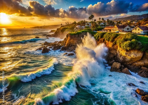 Dramatic Aerial View: Breaking Waves Crashing on Laguna Beach's Rocky Coastline