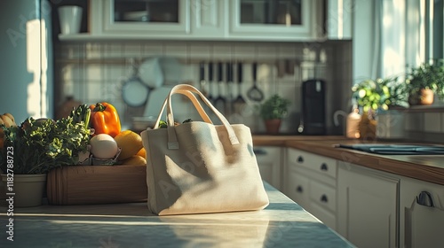 A tote bag being filled with groceries on a kitchen counter, capturing a casual, everyday scene.