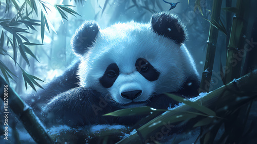 Peaceful panda bear resting in the bamboo forestland. Frostglint. Illustration photo