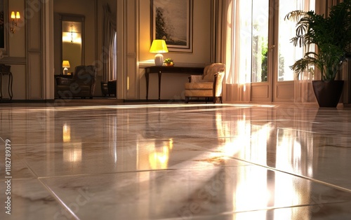 A realistic ray tracing interior design with a marble floor, furniture with shiny surfaces, and soft lighting. photo