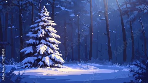 Snow-covered pine tree in forest. Frostglint. Illustration photo