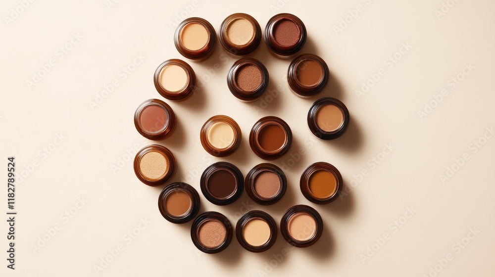 Fototapeta premium Foundation bottles with a variety of shades arranged in a circle on a light beige background.