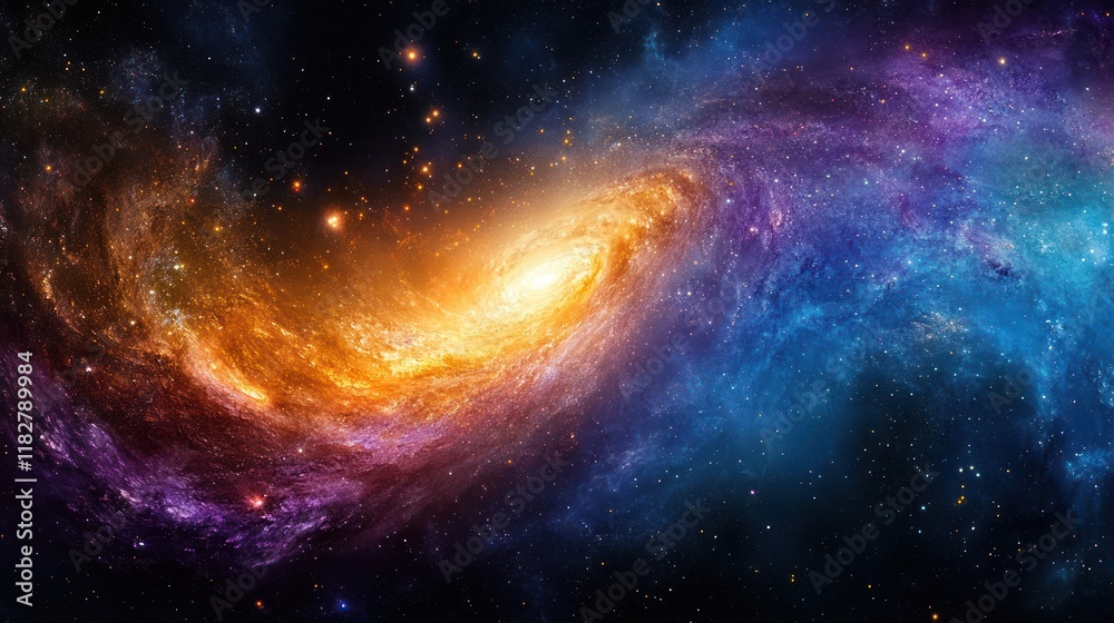 Fototapeta premium Vibrant Galaxy with Swirling Colors of Purple Blue and Gold in Cosmic Landscape