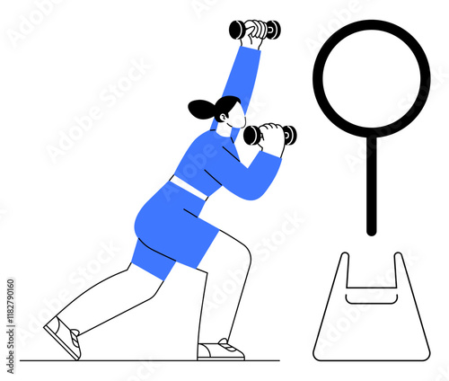 Woman lifting dumbbells with one arm raised, dressed in blue workout clothes. Ideal for fitness motivation, health awareness, exercise routines, gym promotions, personal training, active lifestyle