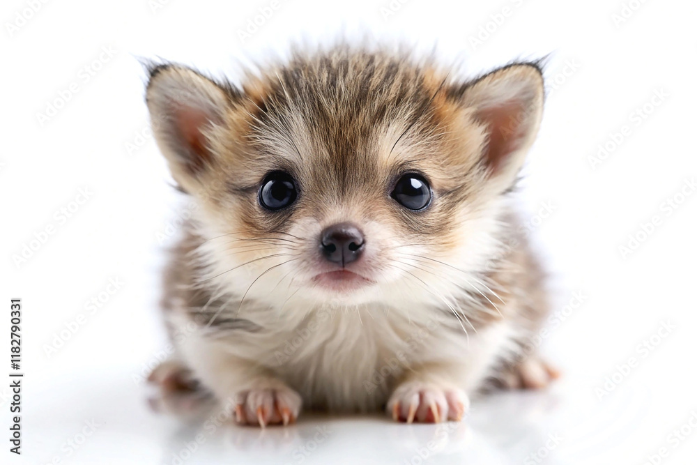 Fototapeta premium Adorable fennec fox pup portrait against white background.