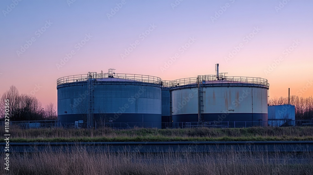 Industrial fuel storage tanks on a golden hour sky gradient background Industrial fuel storage tanks on a golden hour sky gradient background