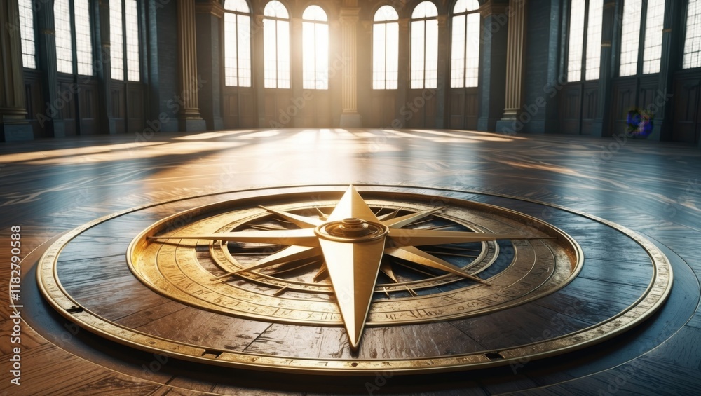 Obraz premium Golden compass and square symbol in a grand sunlit hall