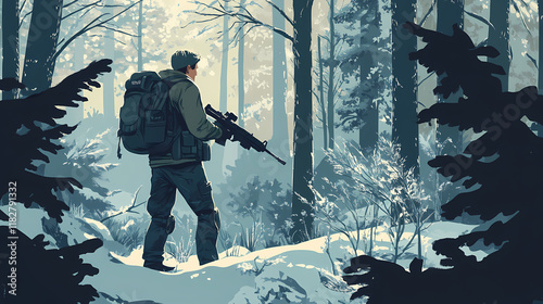Forest ranger, an experienced ranger blends in with the forest, vigilant and geared up, scanning for wildlife amidst the dappled sunlight. Frostglint. Illustration