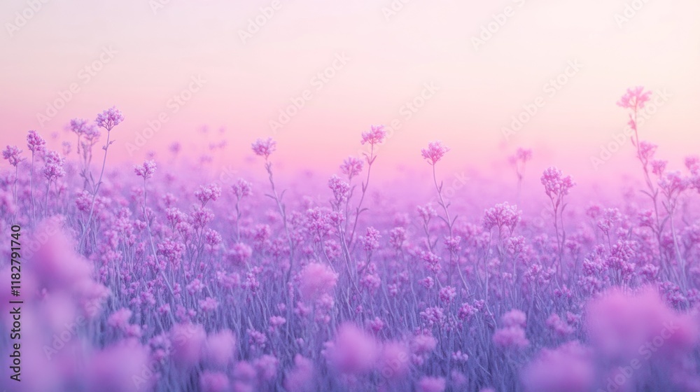 Naklejka premium Lavender flowers bloom beautifully under a soft pastel sky during sunset in a serene landscape. Generative AI