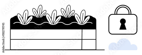 Growing plants inside a protected structure, accompanied by a lock and cloud. Ideal for secure gardening, technology integration, cybersecurity, data protection, cloud storage, eco-friendly