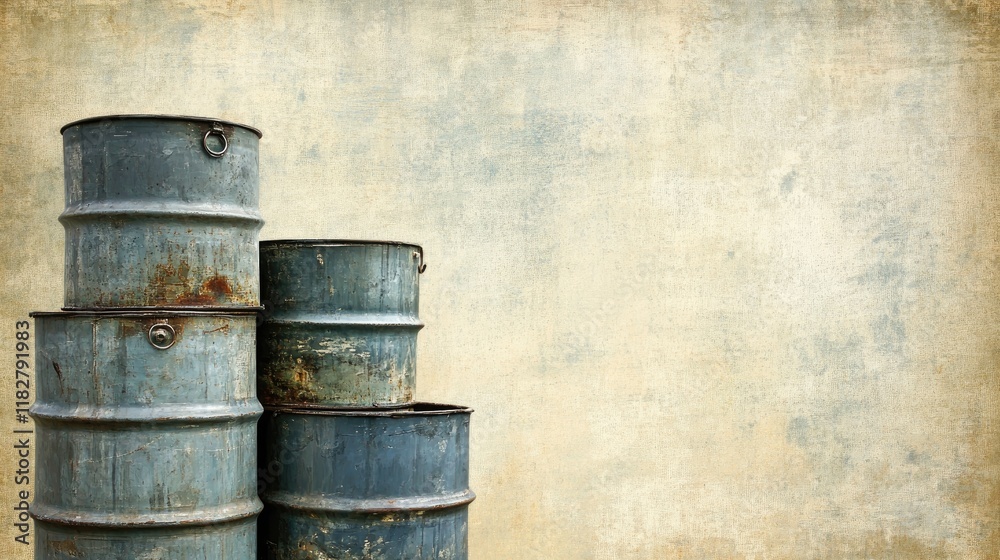 Textured gray fuel drums on a subtle smoky beige gradient Textured gray fuel drums on a subtle smoky beige gradient