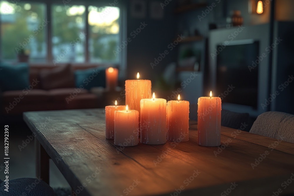 Soft candlelight illuminates a cozy living room setting with glowing warmth and intimacy at dusk. Generative AI Soft candlelight illuminates a cozy living room setting with glowing warmth and intimacy at dusk. Generative AI