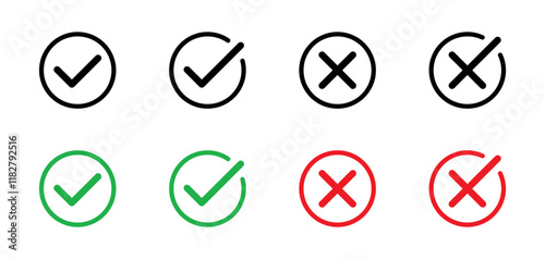 Checkmark cross symbols. Checkbox false wrong icons set. Vote checkmark, cross icons, symbols set. Vector icons