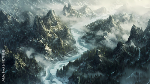 Jagged mountains and surrounding dense forestland with river channels in between. Frostglint. Illustration photo