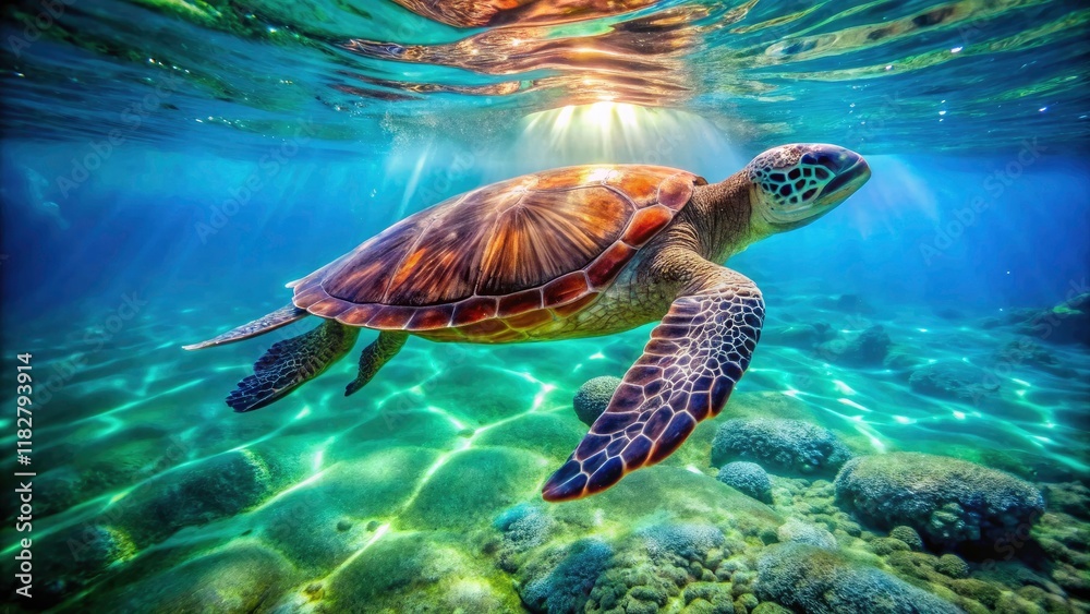 Fototapeta premium Aerial View of a Graceful Green Sea Turtle Swimming in the Vibrant Waters of Komodo Islands, Showcasing Marine Life and Stunning Underwater Landscape