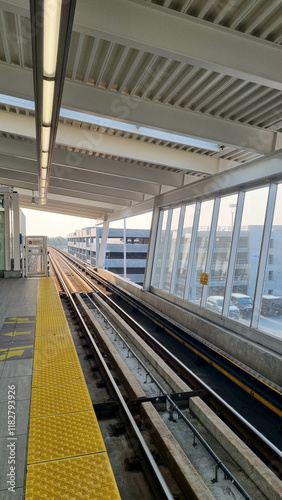 Elevated rail road of urban public transit system. Skytrain. Vancouver. Canada.