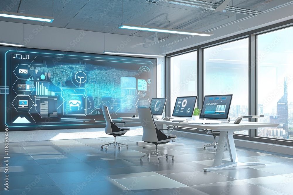 Futuristic office. Strategic marketers use AI-powered customer targeting. Interactive digital displays illuminate a sleek modern workspace. Global data visualized on large screens. Futuristic office. Strategic marketers use AI-powered customer targeting. Interactive digital displays illuminate a sleek modern workspace. Global data visualized on large screens.