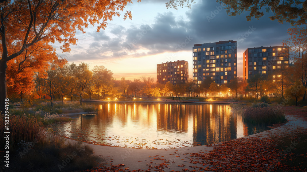 Fototapeta premium An Autumn Evening in a City Park, with a Tranquil Pond Reflecting the Fiery Hues of Fall Foliage, Surrounded by Paths Covered in Fallen Leaves, and Modern Apartment Buildings Silhouetd Against the sky