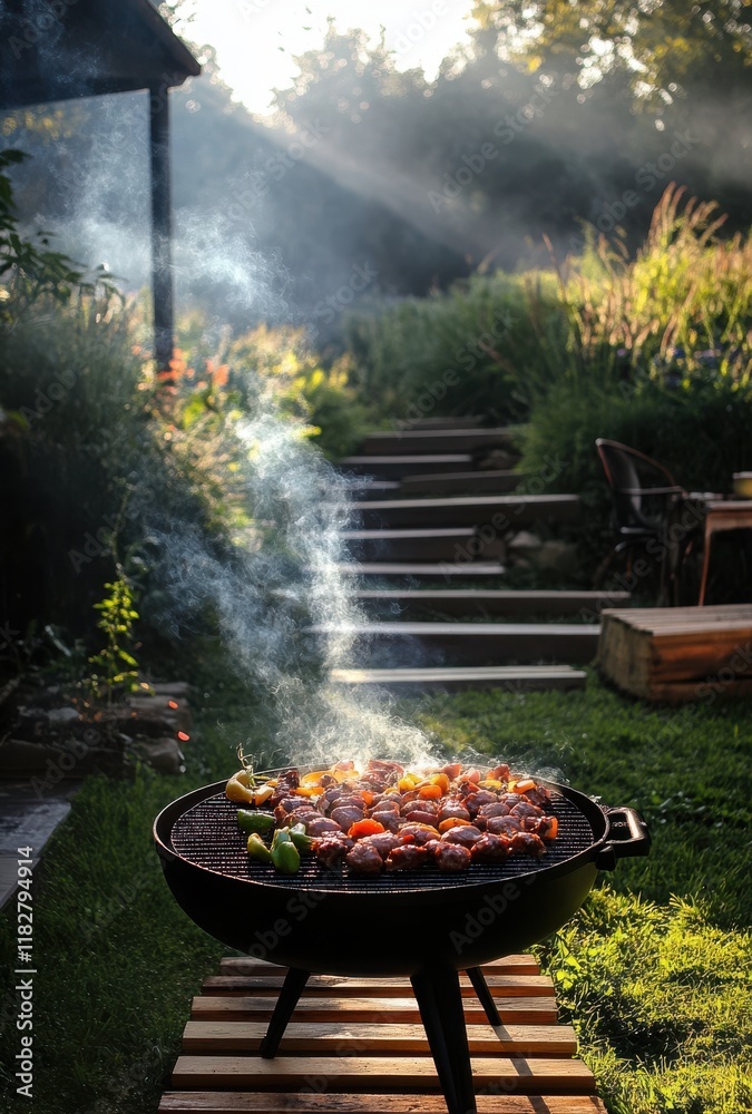Smoke Rising from a Charcoal Grill Filled with Succulent Meat, Surrounded by Lush Greenery and Sunlit Pathway in a Relaxing Outdoor Setting Smoke Rising from a Charcoal Grill Filled with Succulent Meat, Surrounded by Lush Greenery and Sunlit Pathway in a Relaxing Outdoor Setting