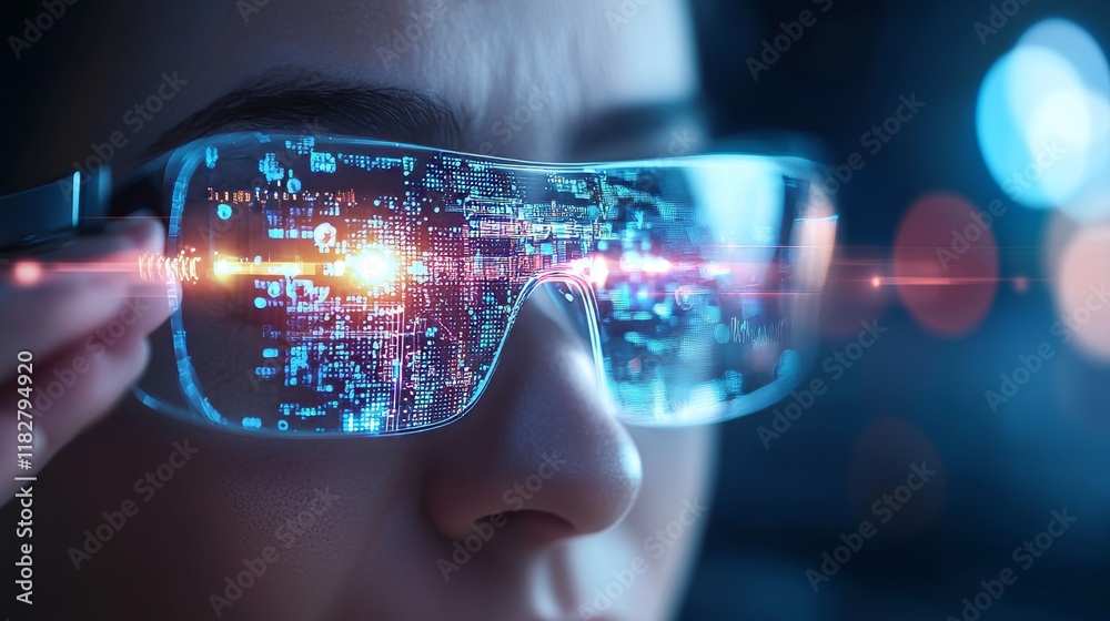 User with AR glasses viewing digital data overlay, urban background, innovative style User with AR glasses viewing digital data overlay, urban background, innovative style