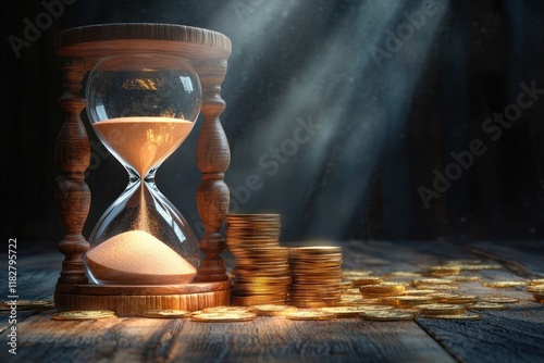 Hourglass and Golden Coins Reflecting Time and Wealth for Investment and Savings Growth photo