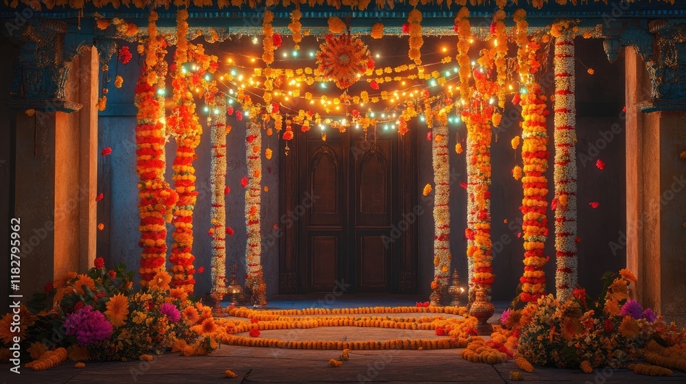 Obraz premium A vibrant display of traditional Janmashtami decorations, including garlands, torans, and lights, creating a joyful ambiance.