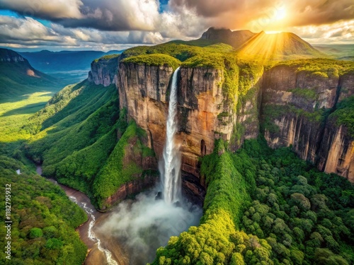 Angel Falls Aerial View: Highest Waterfall, Venezuela, Scenic Drone Shot, Breathtaking Landscape,  South America Nature photo