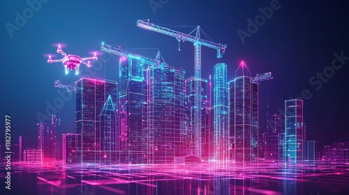 A futuristic cityscape under construction, illuminated by holographic blueprints and drones, sleek skyscrapers with unique geometries in a vibrant neon glow, 3D rendering, cyberpunk style
