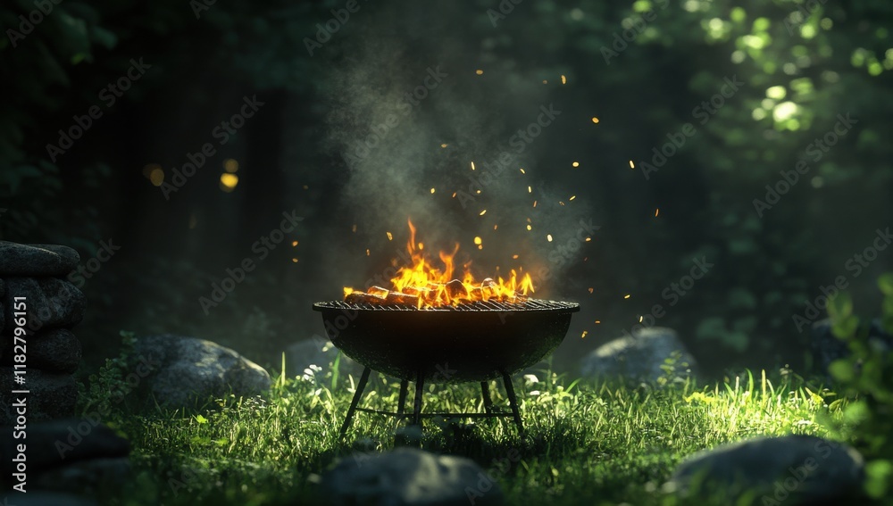 Vibrant BBQ Grill Surrounded by Lush Greenery with Flames and Smoke Rising in a Peaceful Outdoor Setting Perfect for Summer Gatherings and Family Cookouts Vibrant BBQ Grill Surrounded by Lush Greenery with Flames and Smoke Rising in a Peaceful Outdoor Setting Perfect for Summer Gatherings and Family Cookouts