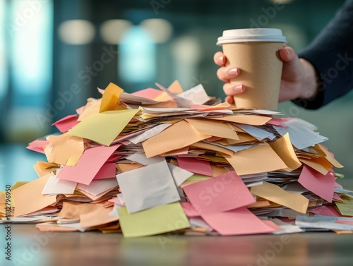 Financial concepts related to outstanding bills. A cluttered stack of colorful sticky notes next to a coffee cup, symbolizing chaos and the busy nature of office work. photo