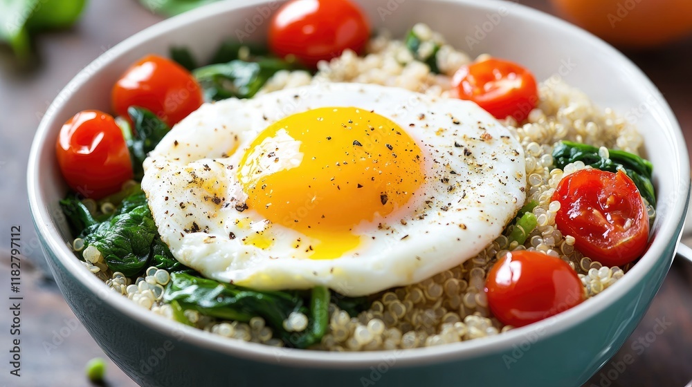 A breakfast bowl with quinoa, poached egg, sauted spinach, and cherry tomatoes. A breakfast bowl with quinoa, poached egg, sauted spinach, and cherry tomatoes.