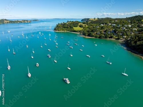Aerial view of numerous sailboats anchored in a turquoise bay, nestled beside a hillside with homes. Tranquil harbor scene. , Mahurangi Harbour, Auckland, New Zealand