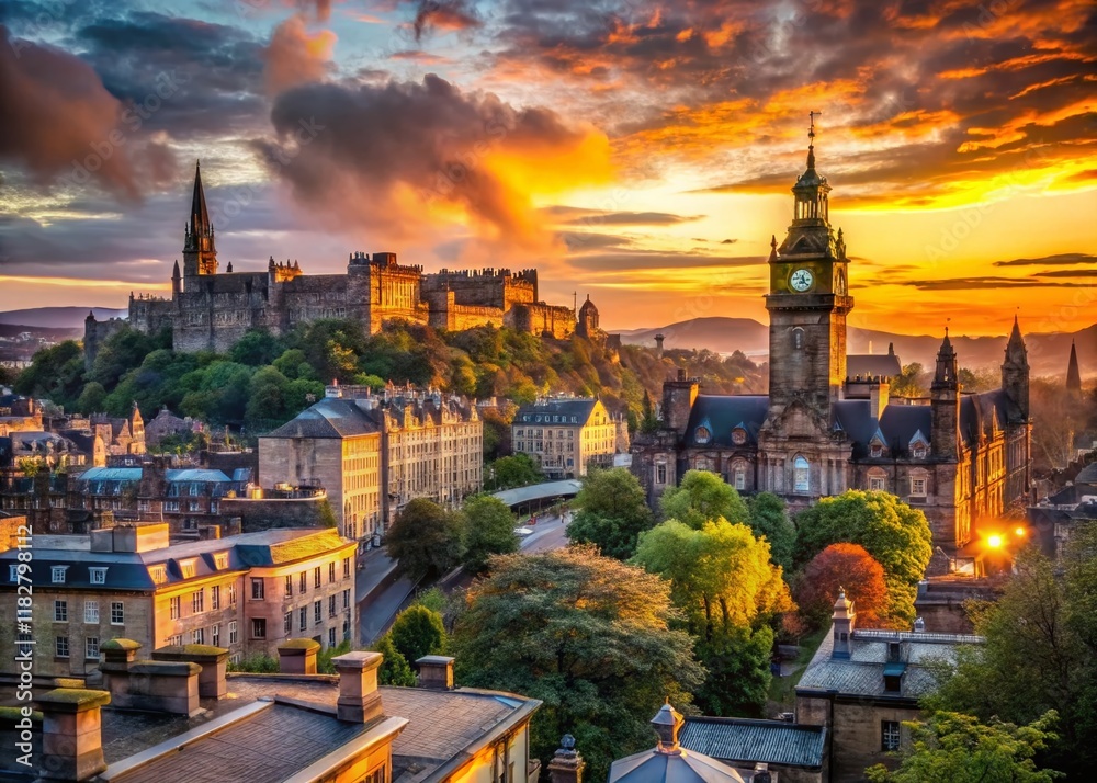 Naklejka premium Edinburgh Skyline Candid Photo: Majestic Scottish Cityscape at Sunset