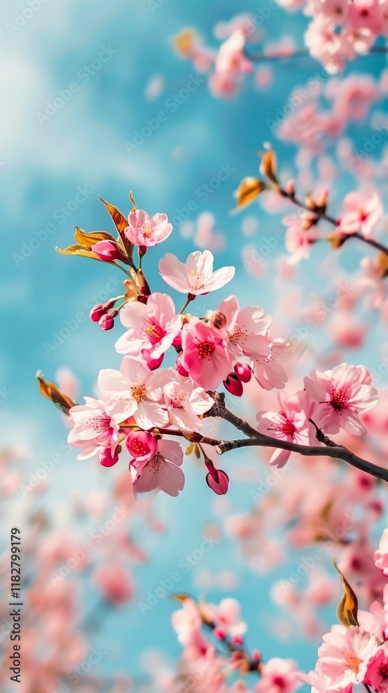 Blooming cherry blossoms against a pastel blue sky background for spring-themed nature and floral design. Blooming cherry blossoms against a pastel blue sky background for spring-themed nature and floral design.