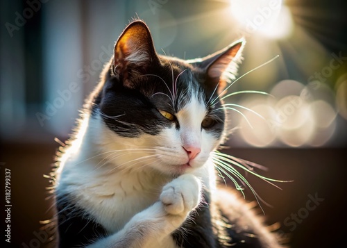 Elegant Black and White Cat Grooming in Sunlight: Minimalist Pet Photography photo