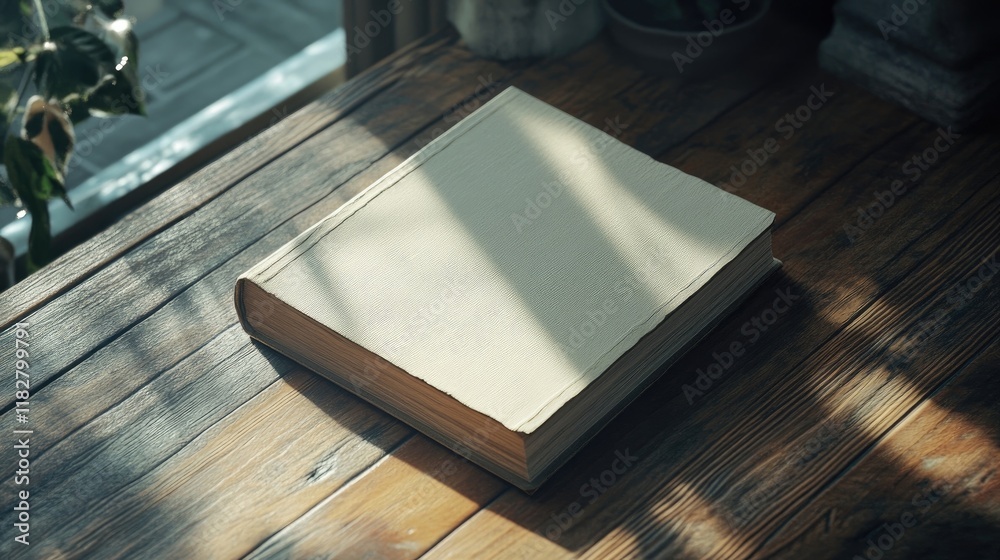 A simple closed book on a minimalist wooden table with natural lighting. A simple closed book on a minimalist wooden table with natural lighting.