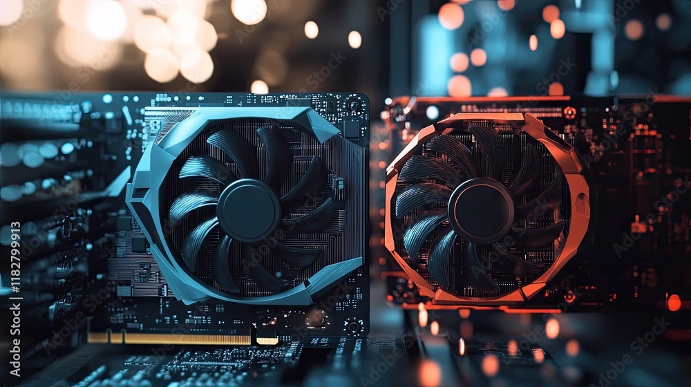 Fototapeta premium A side-by-side comparison of two graphic cards, emphasizing design differences.