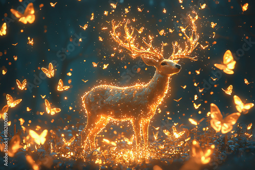 Magical glowing deer surrounded by golden butterflies in a forest.  
 photo