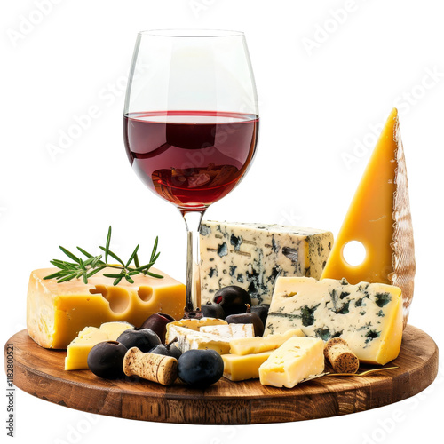Elegant cheese platter with assorted cheeses, black olives, and a glass of red wine on a wooden table, perfect for wine and cheese lovers.