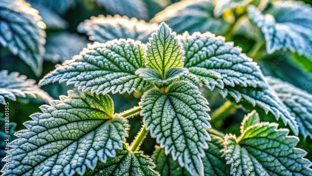 Close-Up Frost-Covered Nettle Mint Leaves in High-Quality Fashion Photography for Nature Lovers and Herbal Enthusiasts, Exploring Textures and Colors in Winter Landscapes Close-Up Frost-Covered Nettle Mint Leaves in High-Quality Fashion Photography for Nature Lovers and Herbal Enthusiasts, Exploring Textures and Colors in Winter Landscapes