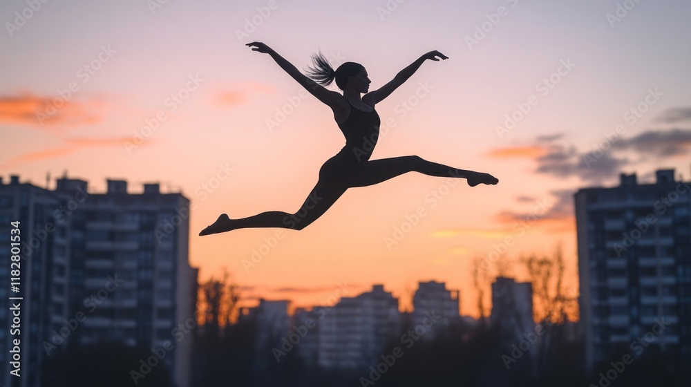 Dancer leaps gracefully against a colorful sunset urban skyline in the evening. Generative AI Dancer leaps gracefully against a colorful sunset urban skyline in the evening. Generative AI
