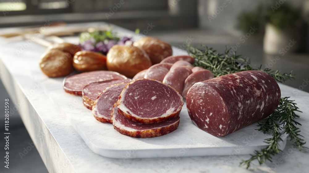 Selection of assorted cured meats displayed on a marble platter with fresh herbs and bread rolls. Generative AI Selection of assorted cured meats displayed on a marble platter with fresh herbs and bread rolls. Generative AI