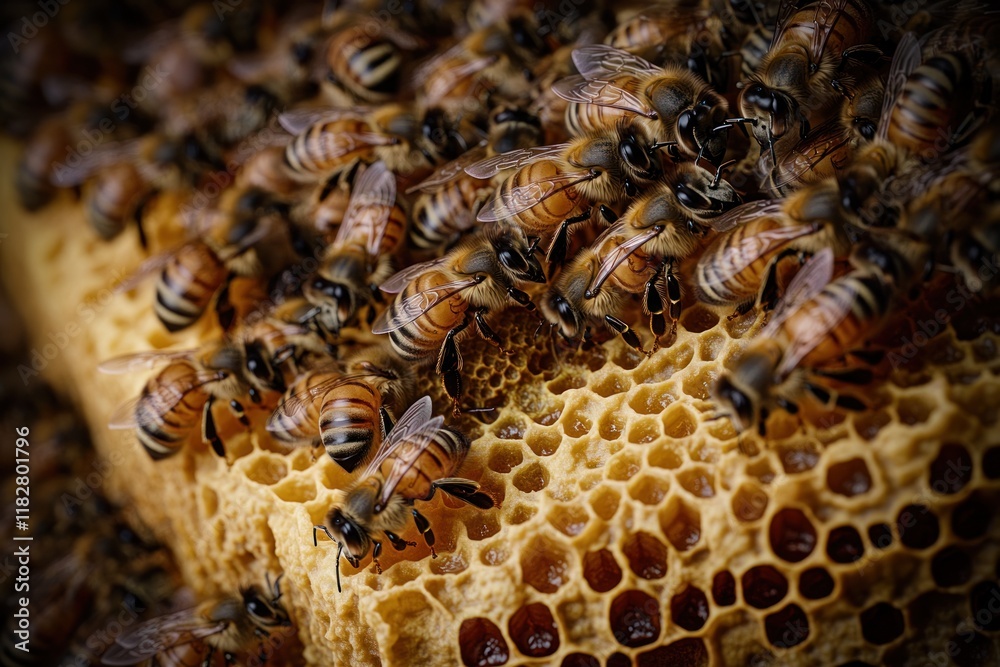 Bees gather nectar and create honeycomb in a close-up of a beehive during a sunny afternoon. Generative AI Bees gather nectar and create honeycomb in a close-up of a beehive during a sunny afternoon. Generative AI