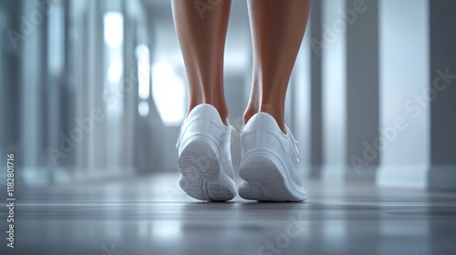Walking quietly in white sneakers through a modern hallway during daylight hours in a professional setting. Generative AI
